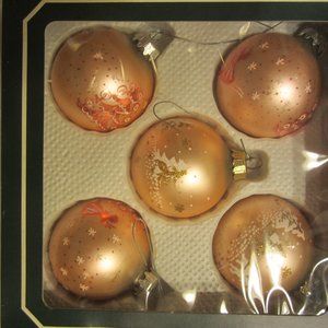 UNIQUE VTG SET OF 5 GLASS PINK ROUND ORNAMENTS, MADE IN AUSTRIA, HAND PAINTED
